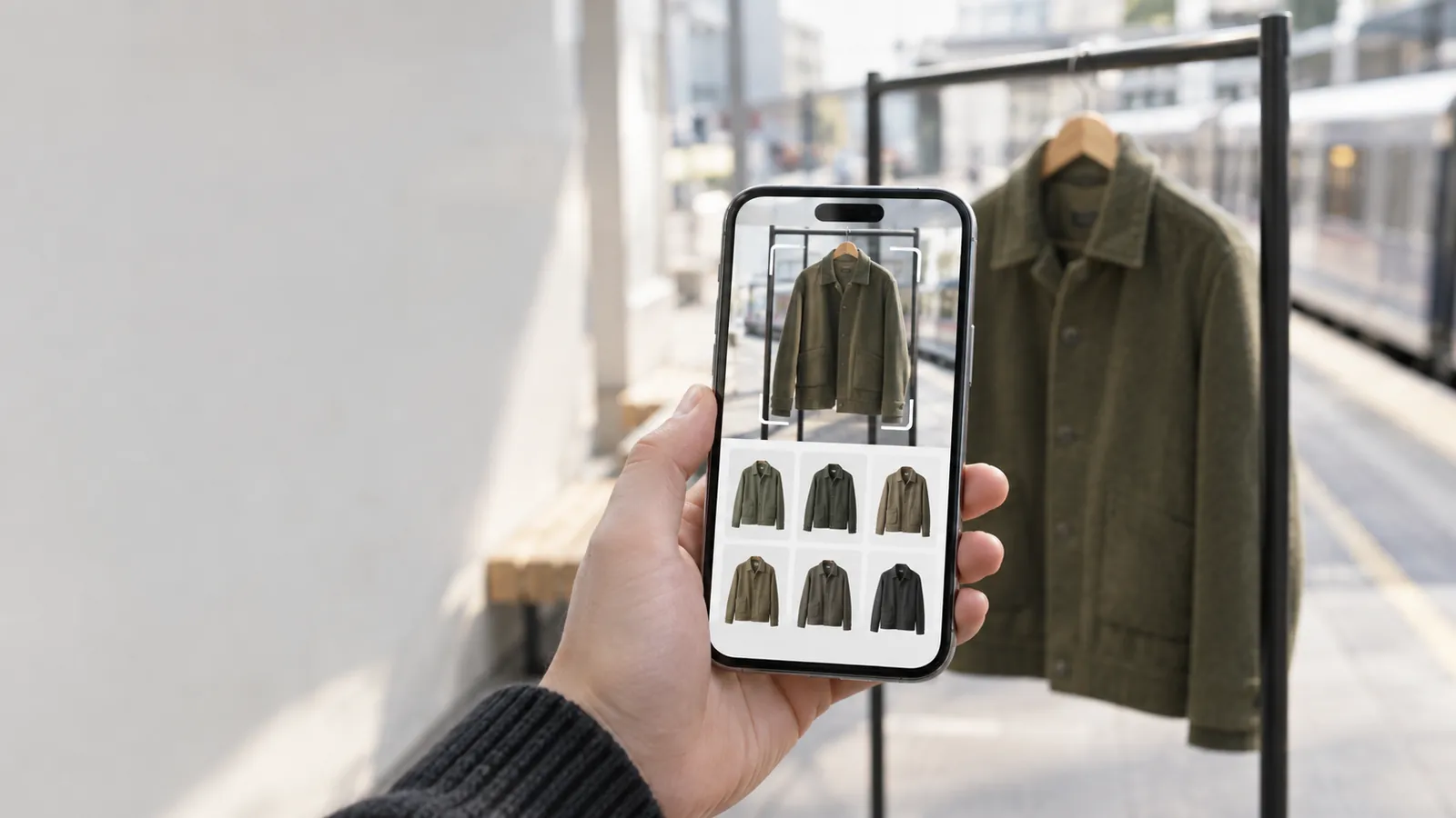 Smartphone-Kamera erfasst eine Jacke, daneben ein Raster visuell ähnlicher Produktbilder