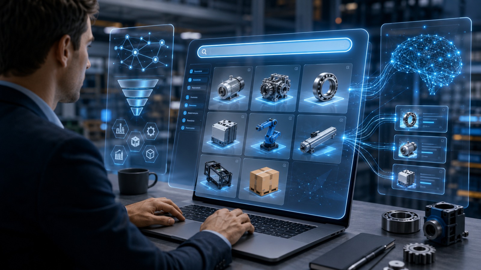 Man in a suit working on a laptop, with blue holograms of a search bar, machine parts and a brain floating above the screen