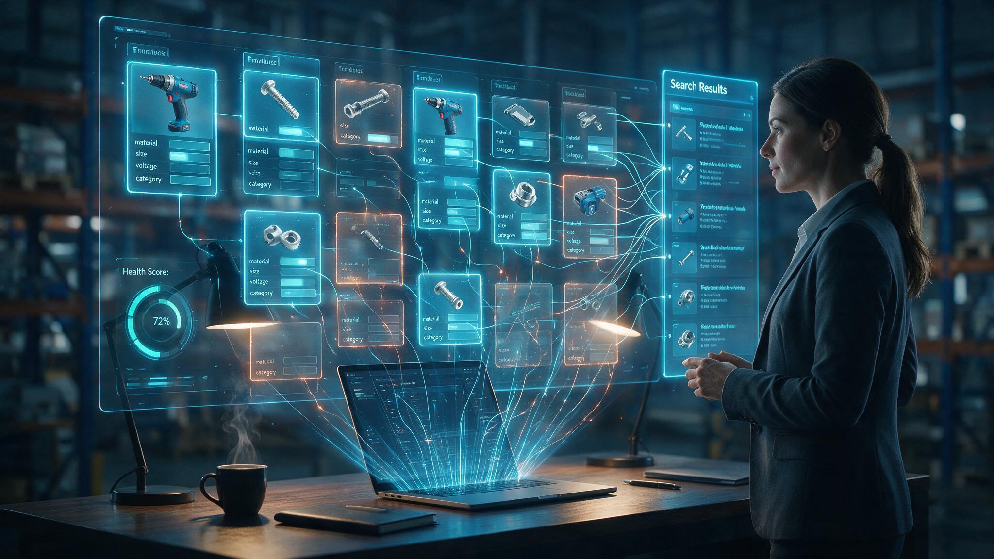 Woman facing a hologram above her laptop showing product cards with material, size, voltage, category, a 72% Health Score and Search Results