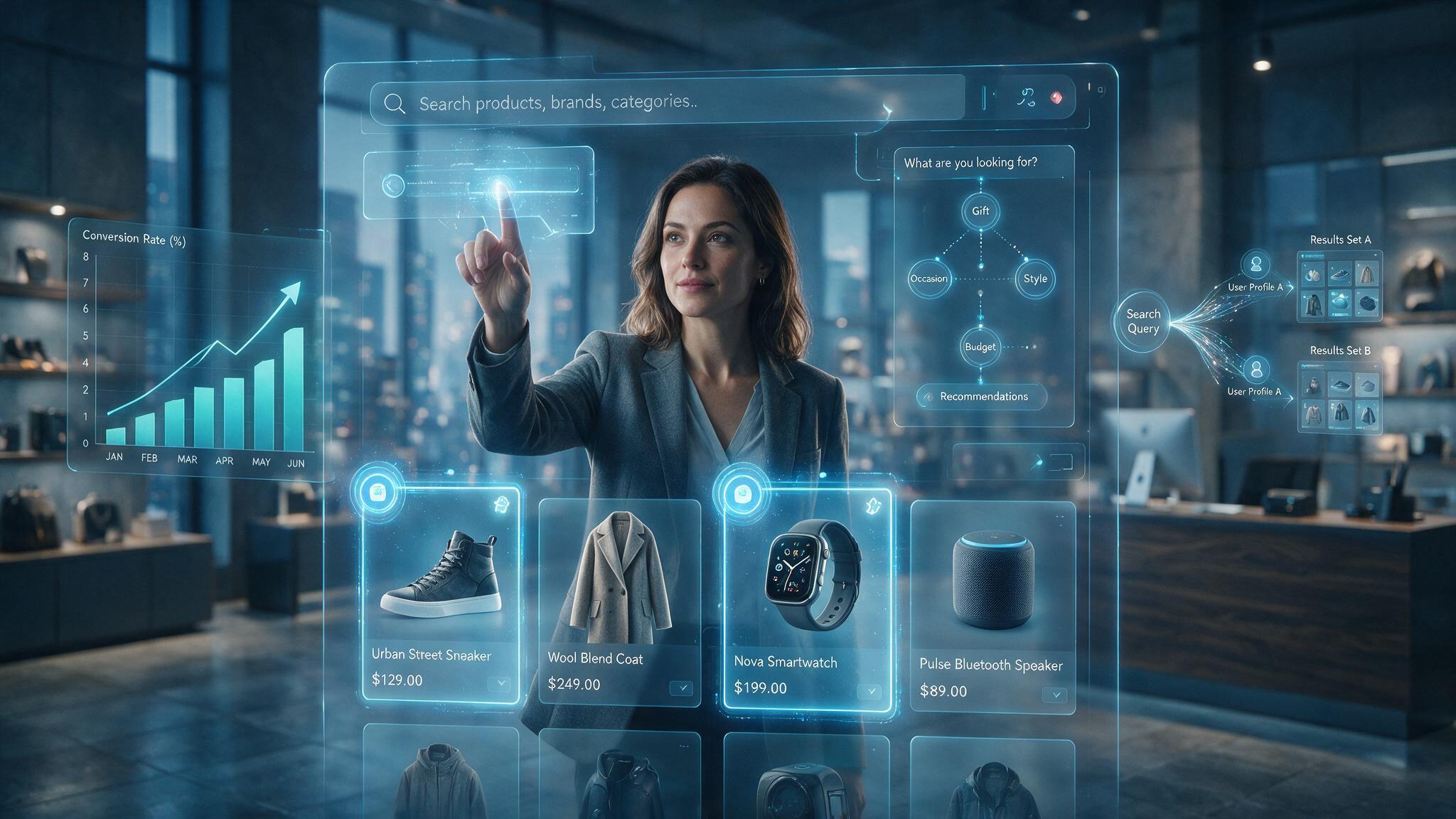 Woman in a blazer touches a holographic store interface showing a search bar, conversion rate chart and product cards such as "Nova Smartwatch $199.00"