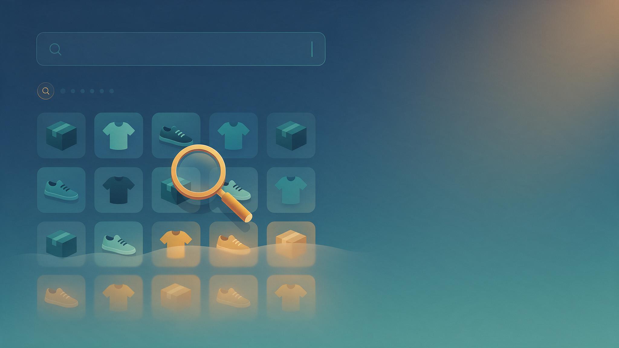 Illustration of an empty search bar above a grid of product icons showing boxes, T-shirts and sneakers, with a large magnifying glass in front